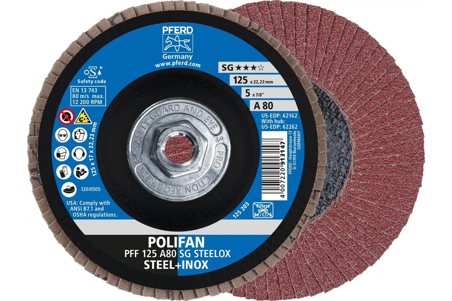 Picture of Pferd Flap Disc, 5" x 5/8-11, A SG Steelox, 80 Grit, T27, Flat, Aluminum oxide